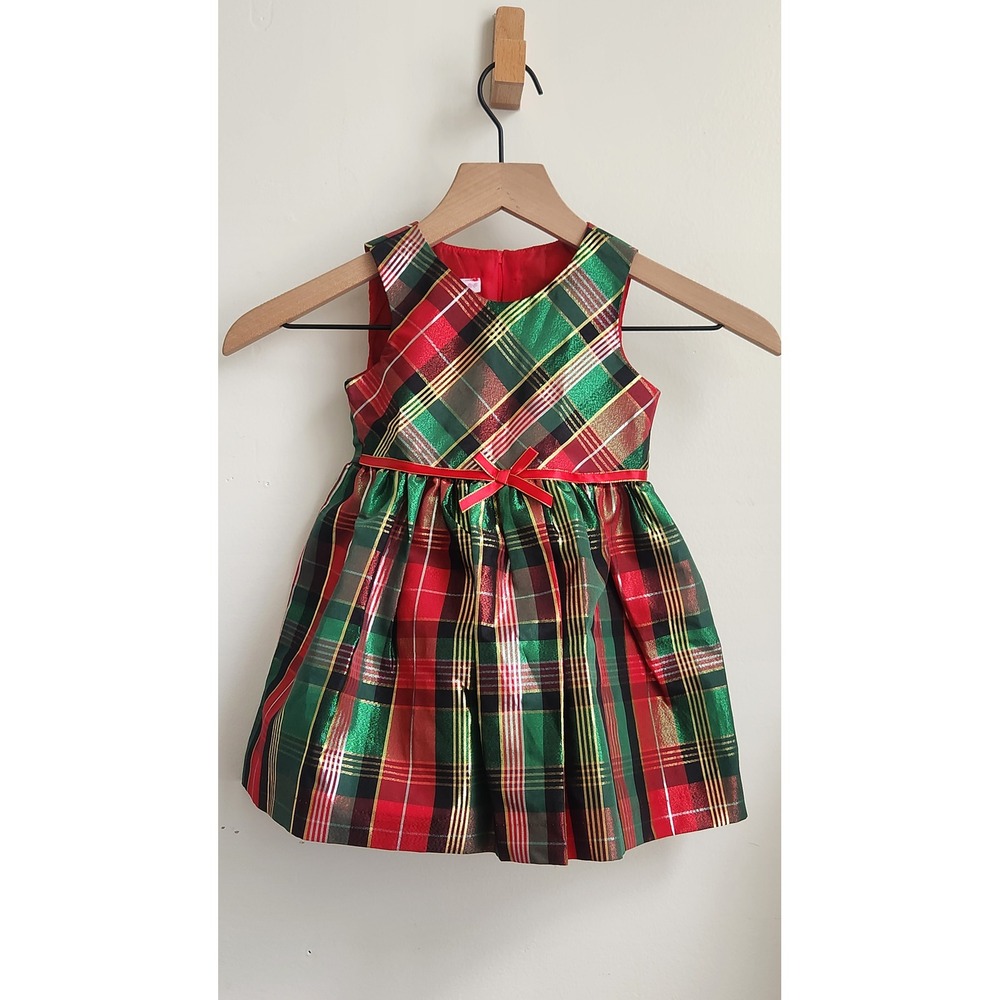 Bonnie Jean Girls Red Green Metallic Plaid Christmas Holiday Dress Size 6X 24M